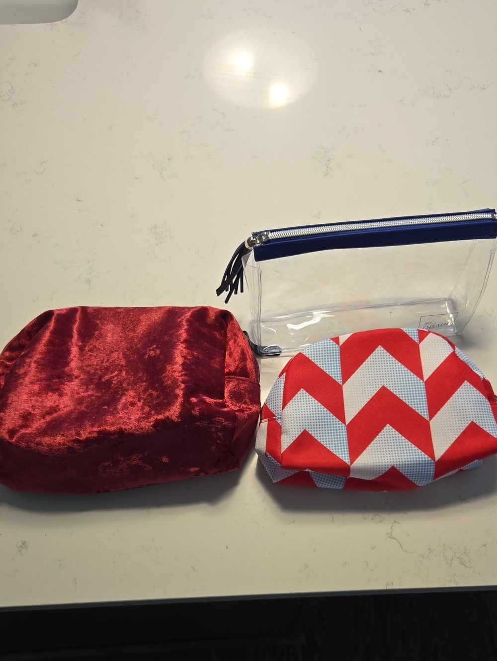Set of Three Cosmetic Bags - Red Velvet, Clear Vinyl, Red Chevron